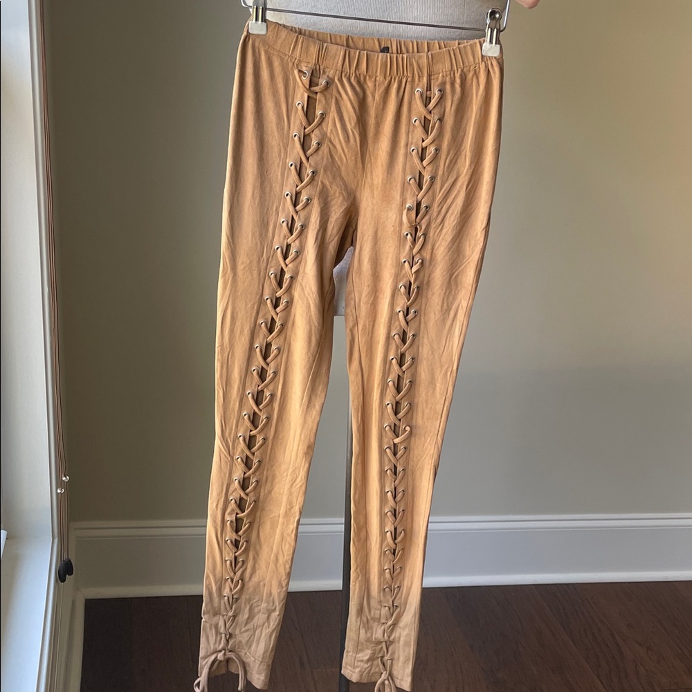 Stylish Tan Lace-Up Skinny Pants